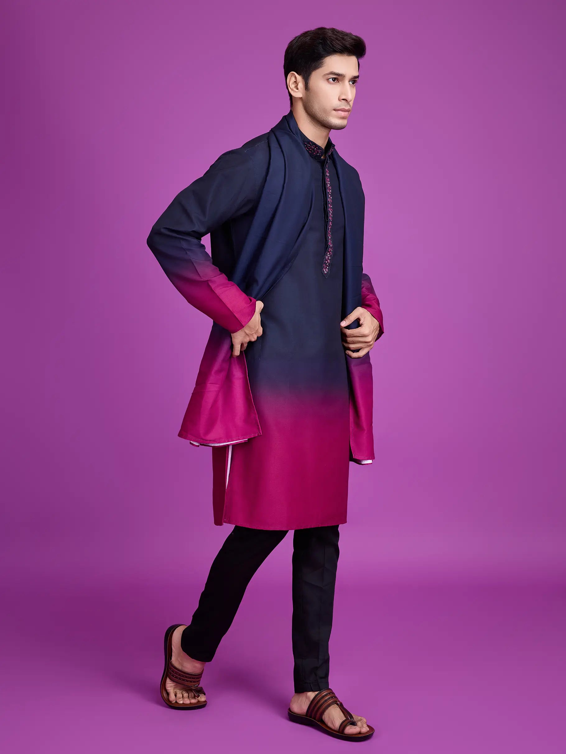 Navy Blue & Pink Rayon Kurta With Hand Mirror Work