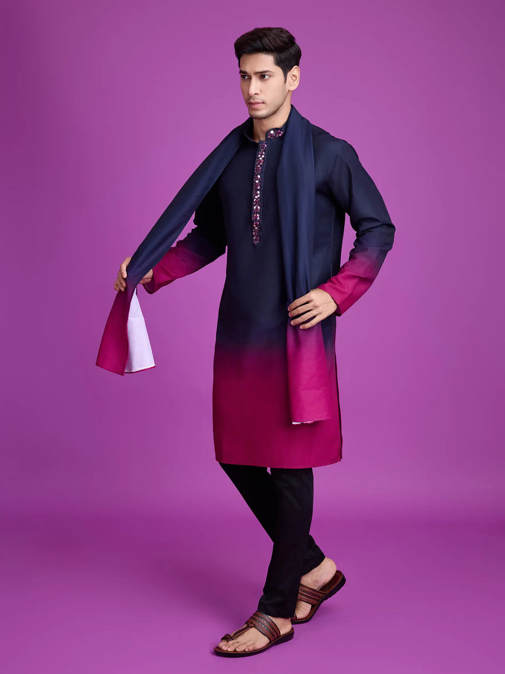 Navy Blue & Pink Rayon Kurta With Hand Mirror Work