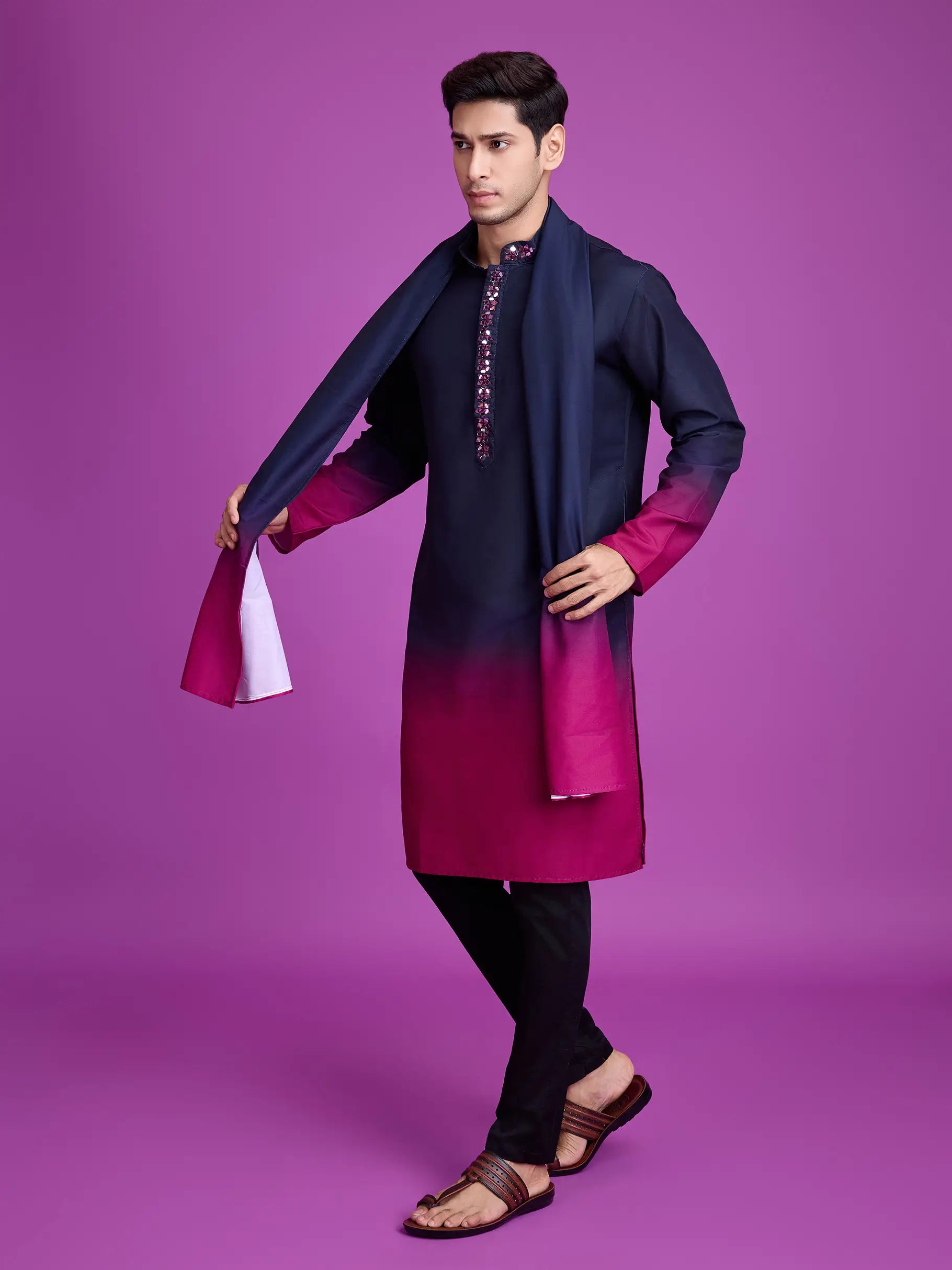 Navy Blue & Pink Rayon Kurta With Hand Mirror Work