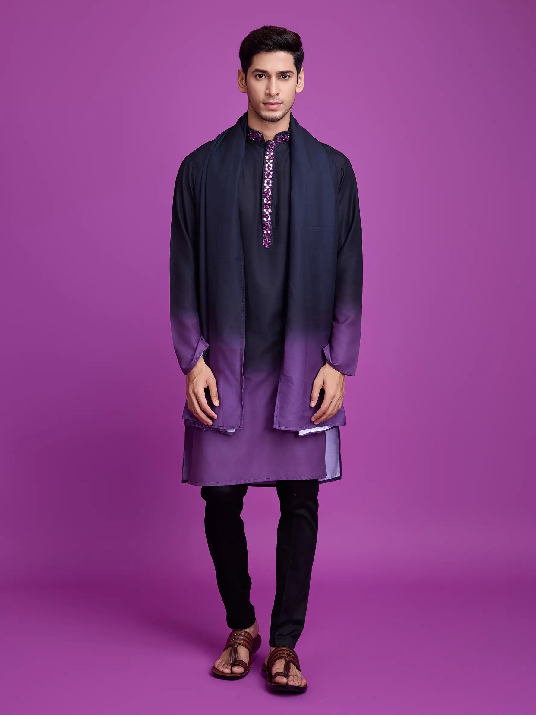 Black & Dusty Purple Rayon Kurta With Hand Mirror Work