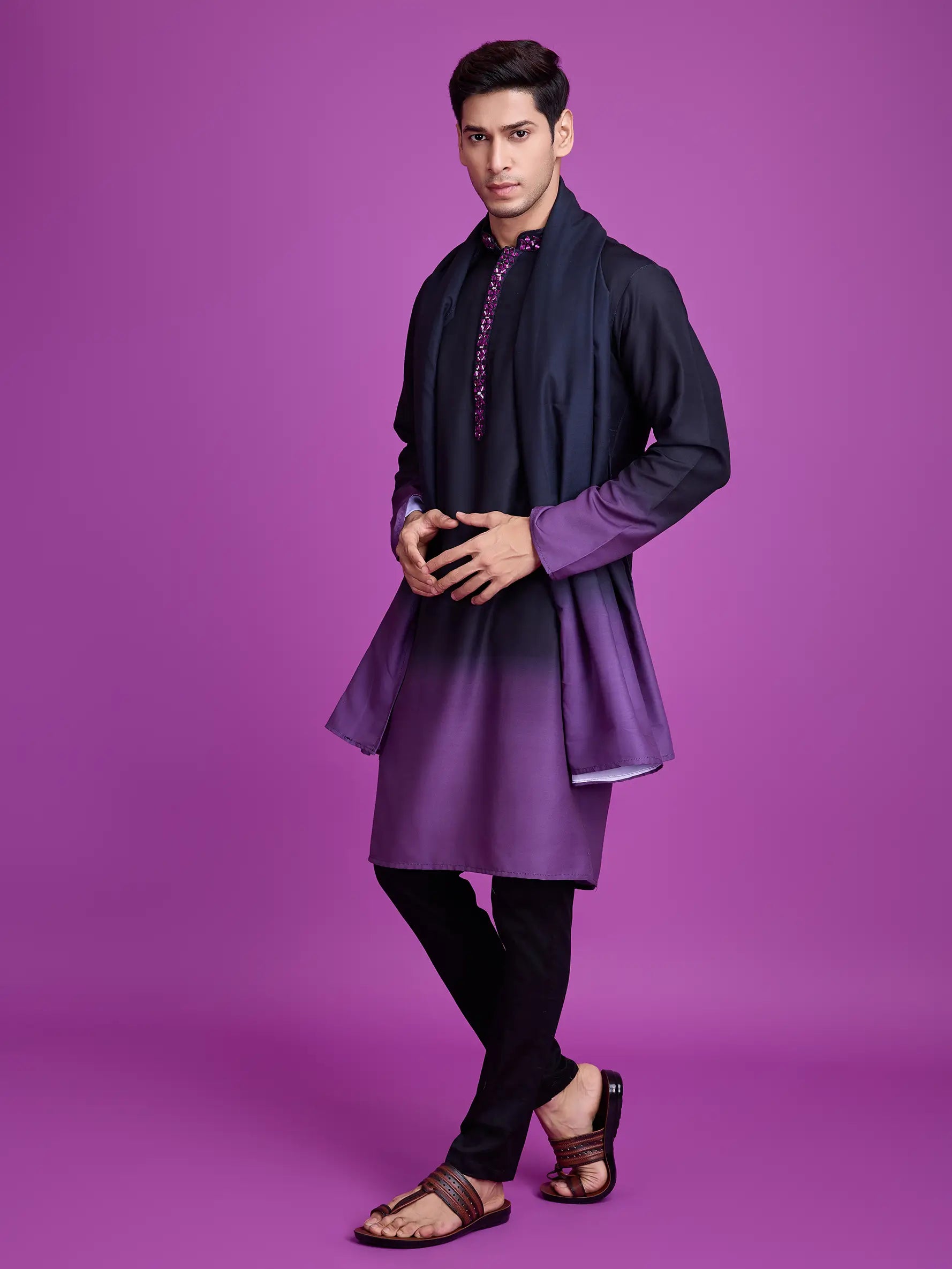 Black & Dusty Purple Rayon Kurta With Hand Mirror Work