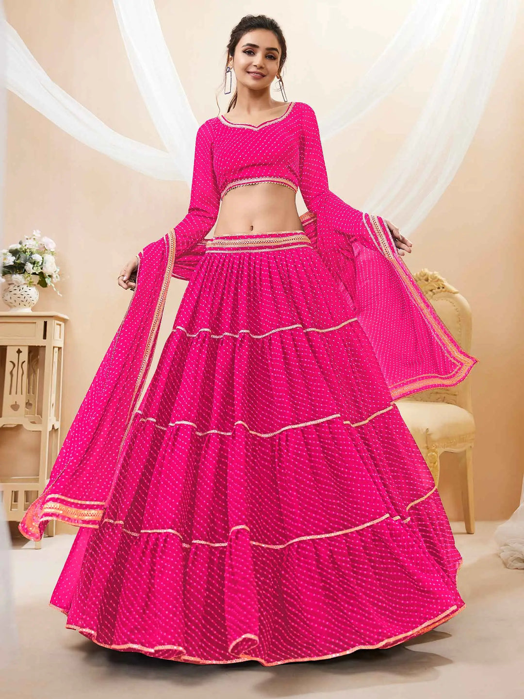 Pink Georgette Leheriya Print Lehenga With Lace All Over Work | Ready To Wear - qivii