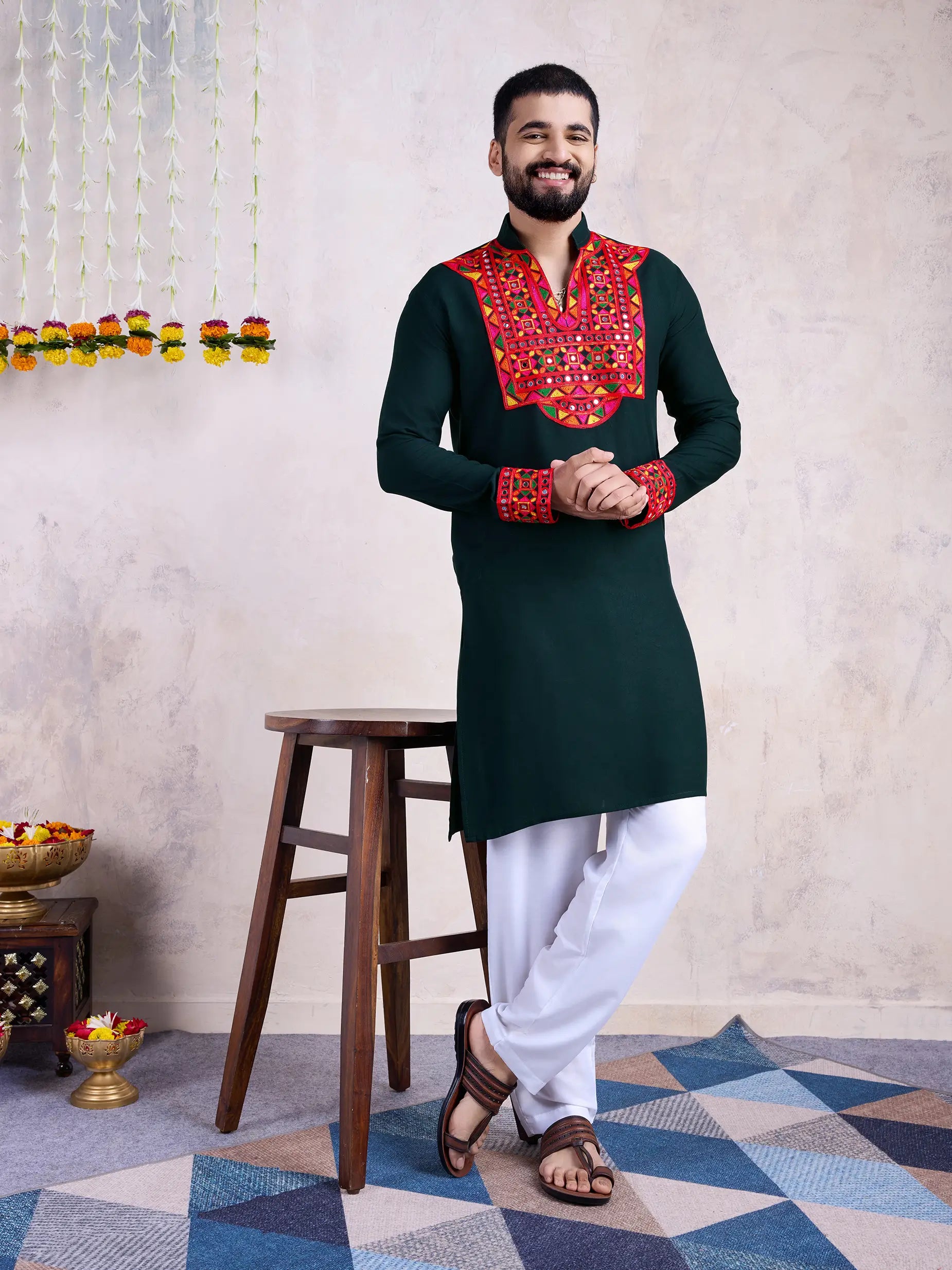 Green Rayon Kurta Embroidery With Mirror Work