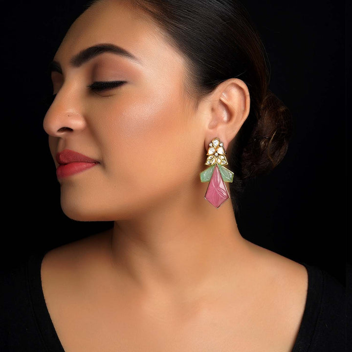 Beautifully designed Kundan and carving pink and mint green stones danglers earrings 