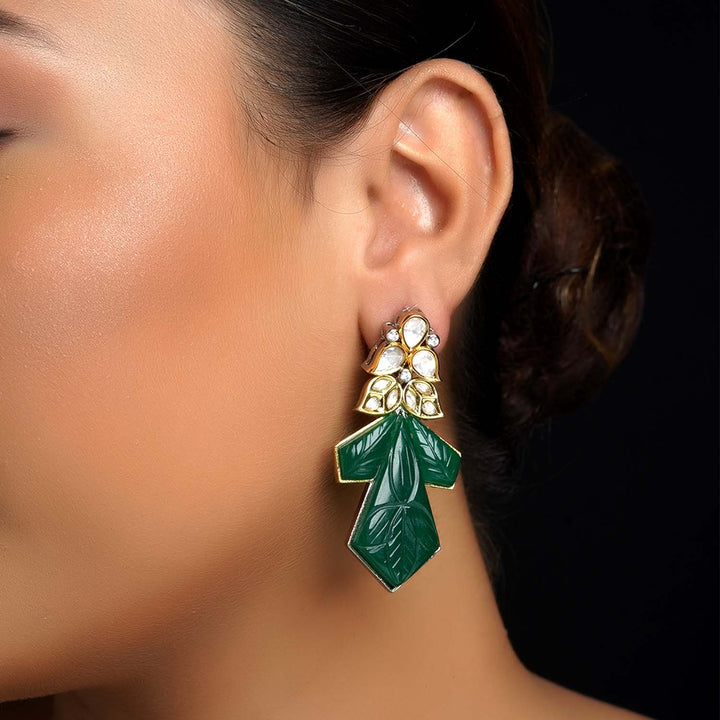 Diya Green Rhodium Plated Carved Stone Kundan Earrings - qivii