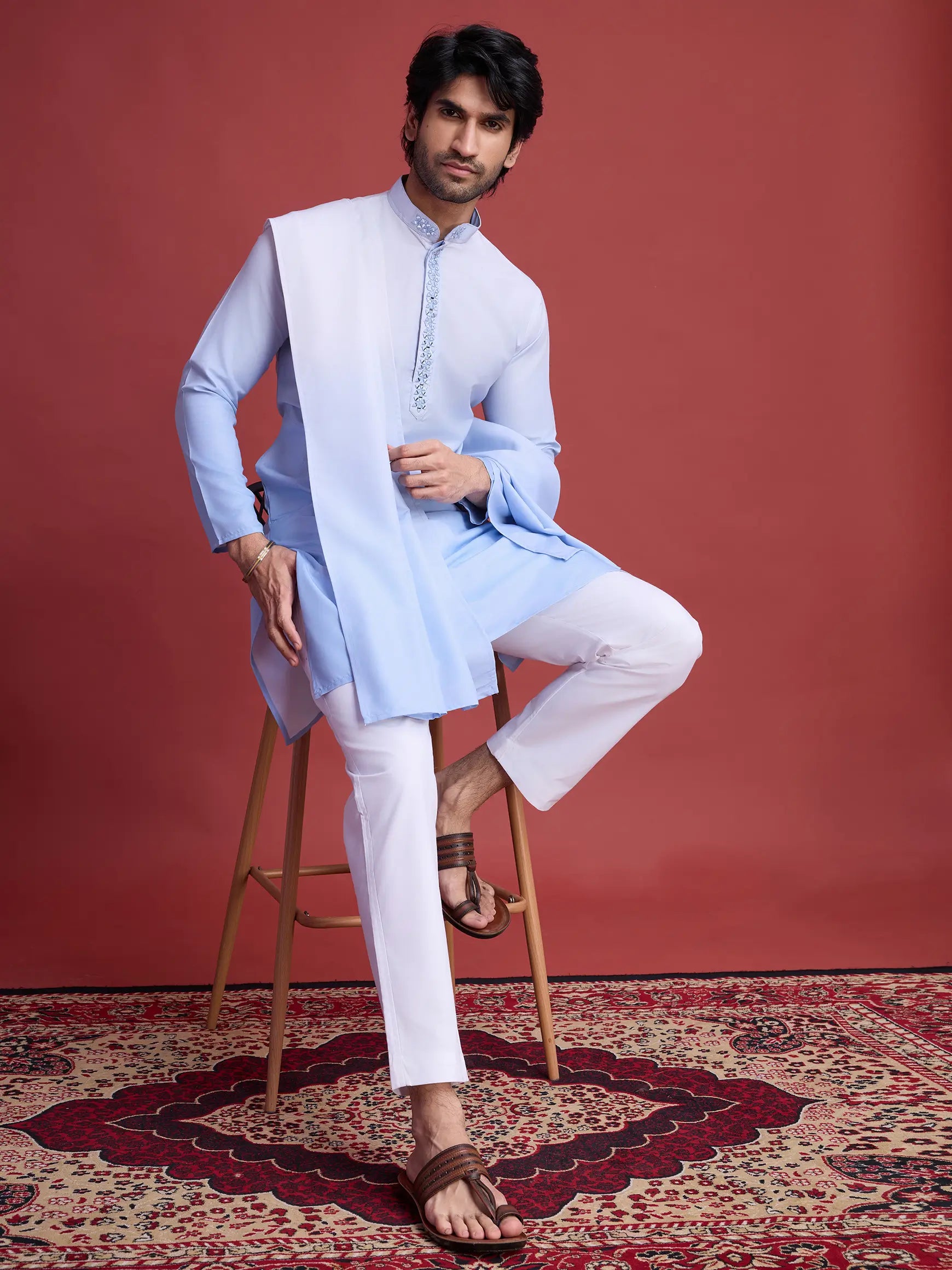 Sky Real Mirror Work Kurta With Dupatta