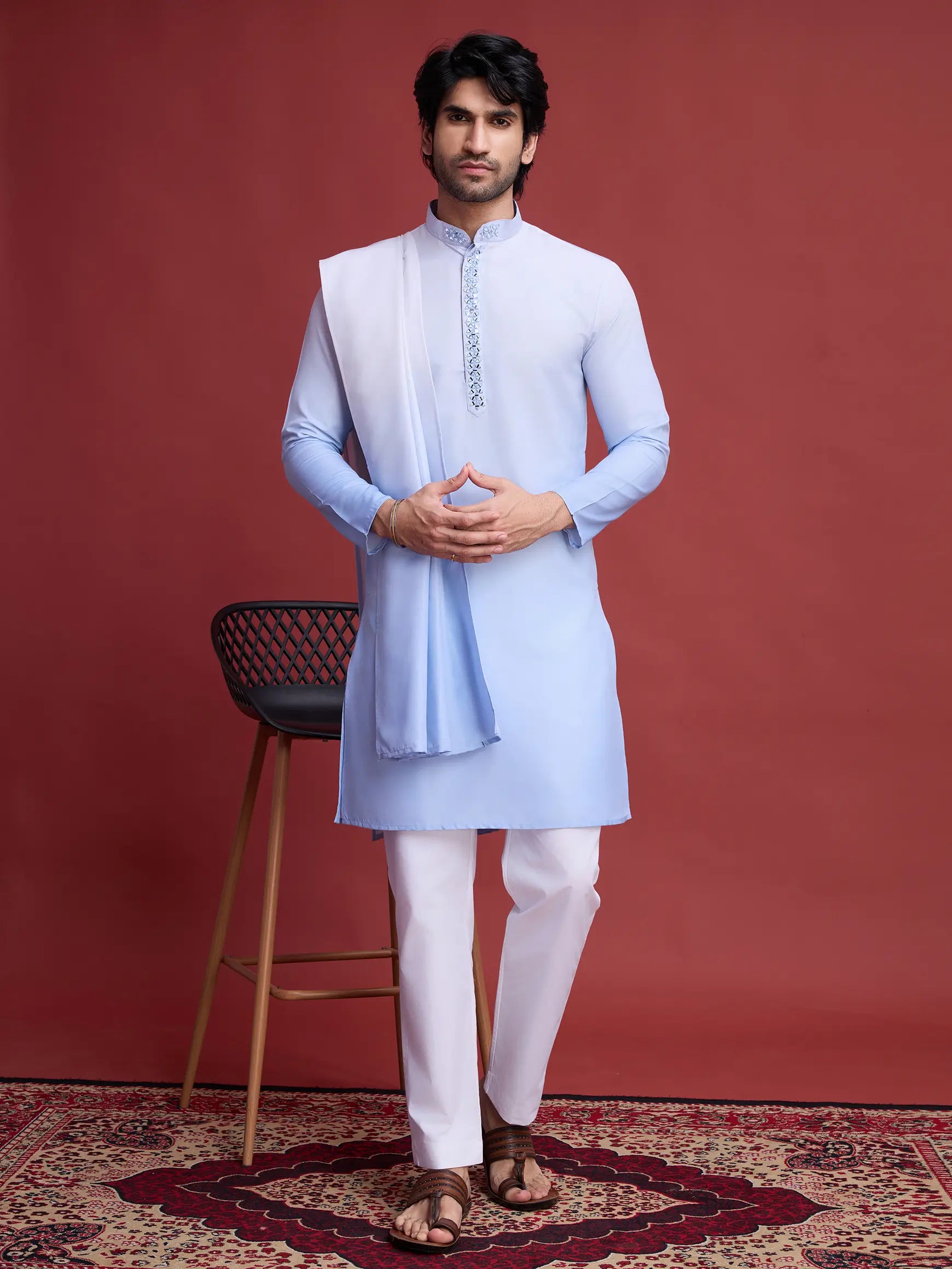 Sky Real Mirror Work Kurta With Dupatta