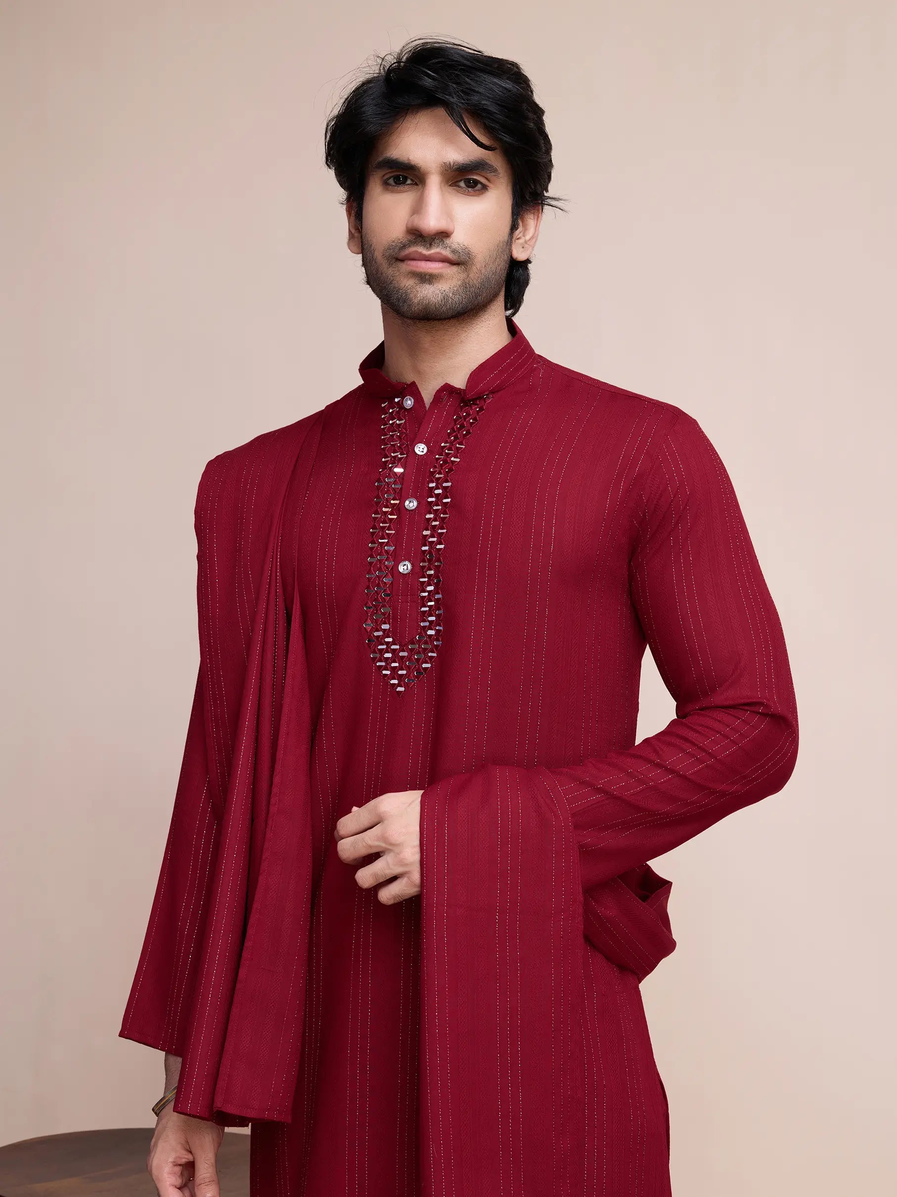 Maroon Viscose Mirror Work On Jari With Pant & Dupatta