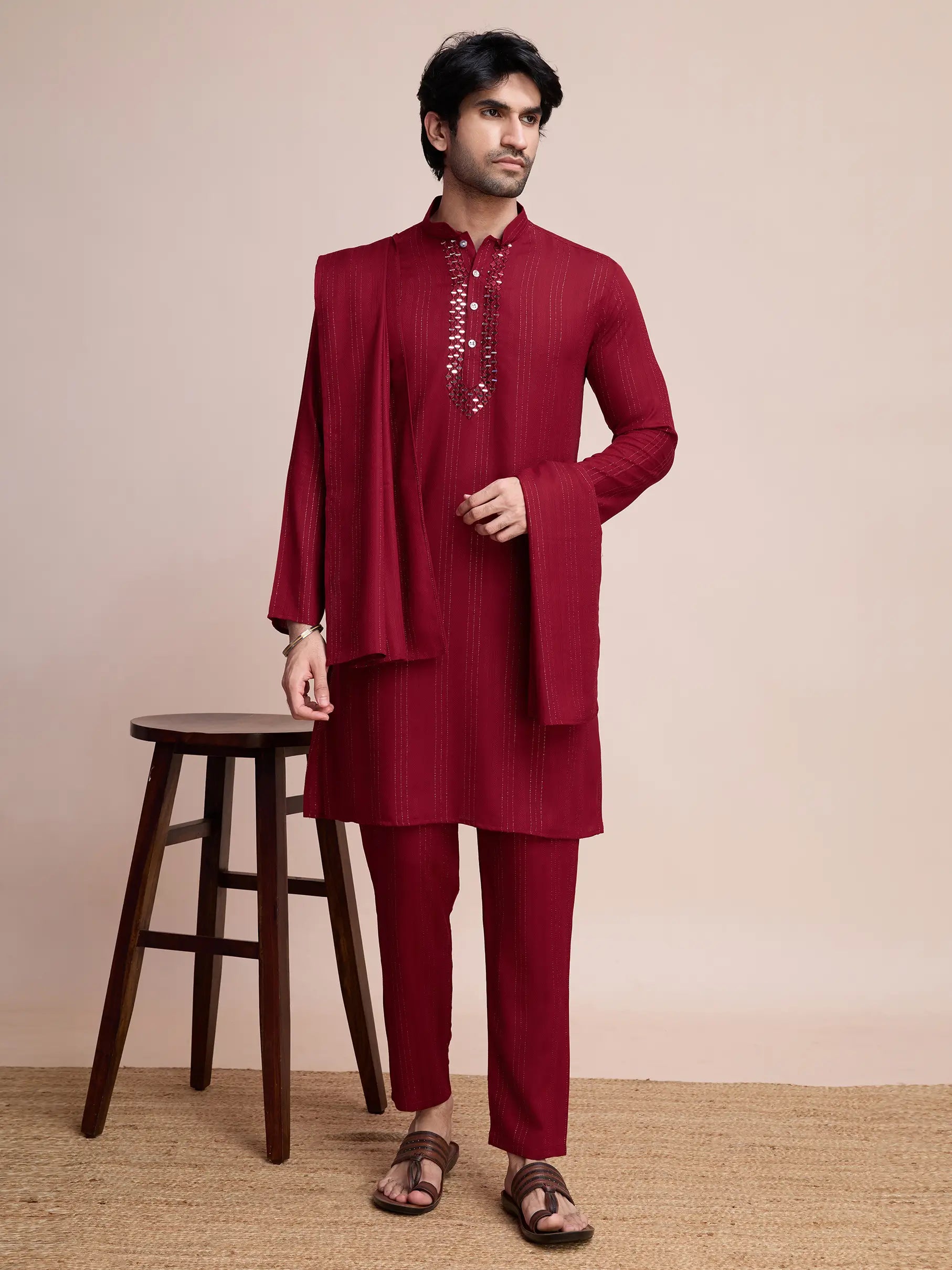 Maroon Viscose Mirror Work On Jari With Pant & Dupatta