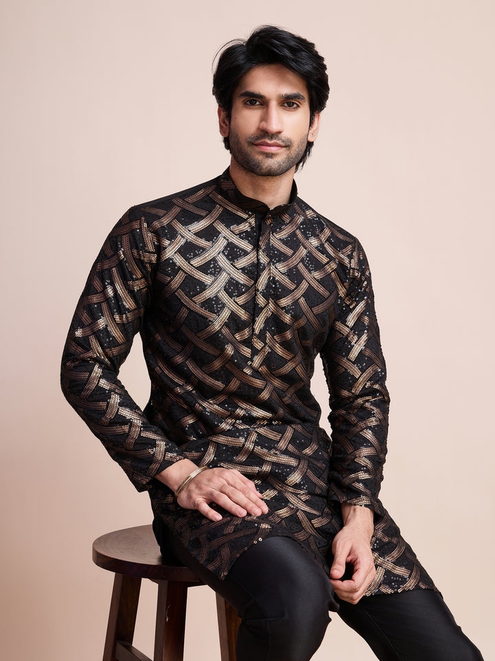 BLACK SILK THREAD & SEQUENCE EMBROIDERED WORK KURTA - qivii