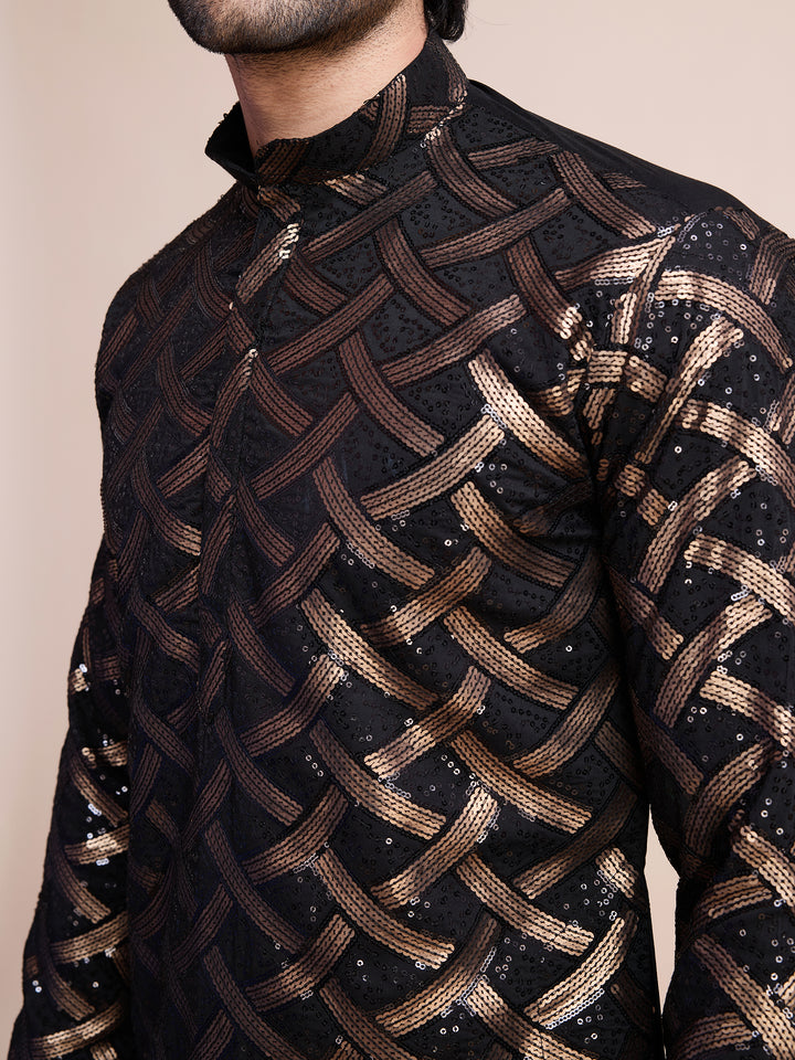 BLACK SILK THREAD & SEQUENCE EMBROIDERED WORK KURTA - qivii