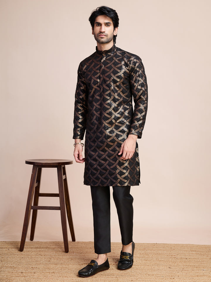BLACK SILK THREAD & SEQUENCE EMBROIDERED WORK KURTA - qivii