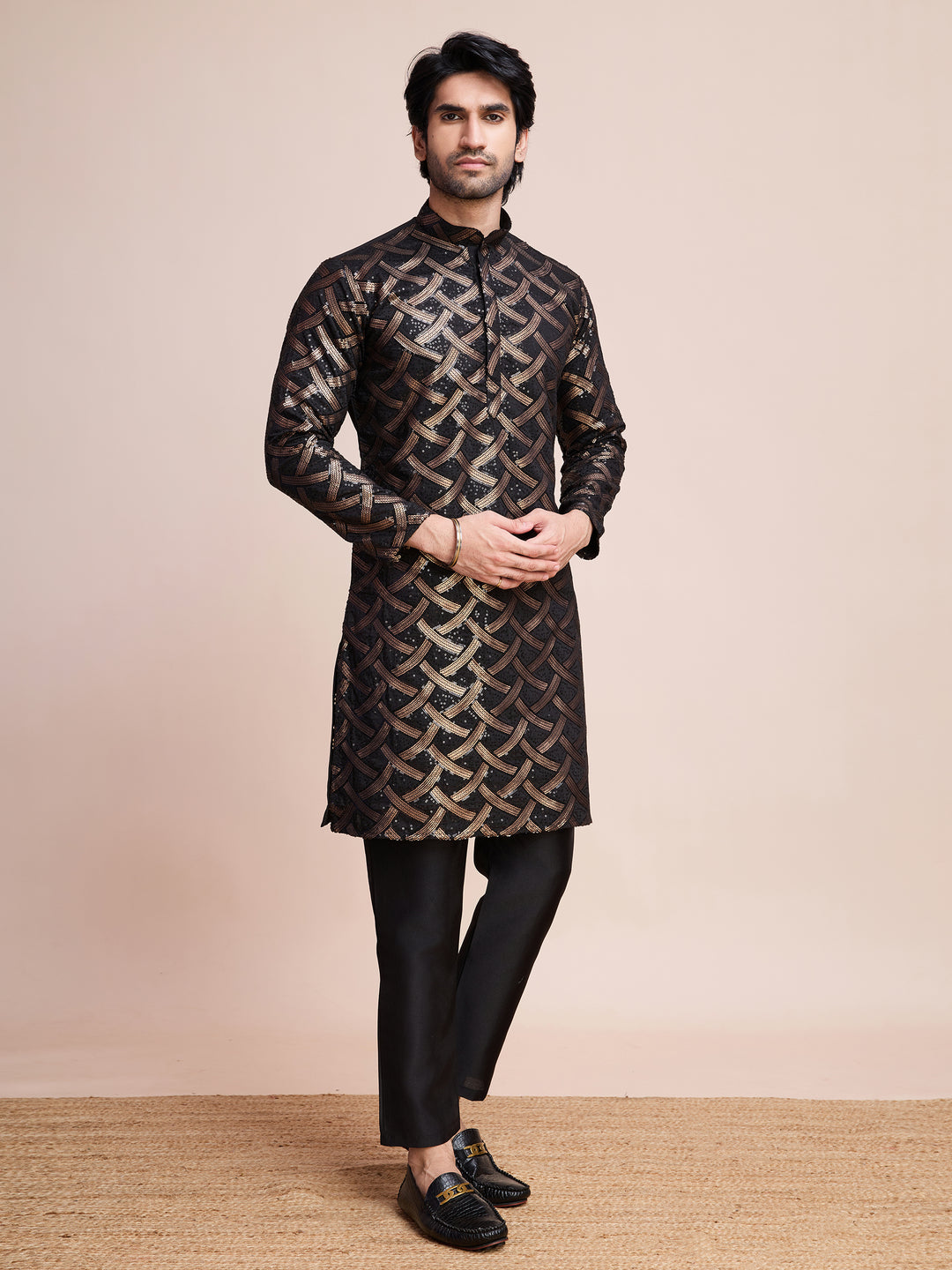 BLACK SILK THREAD & SEQUENCE EMBROIDERED WORK KURTA - qivii