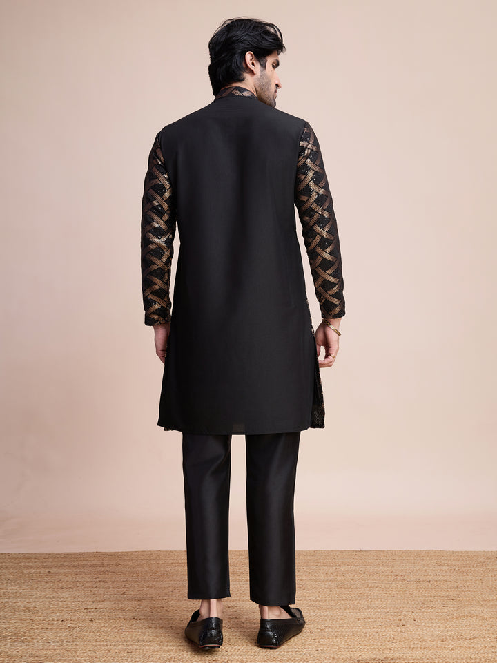 BLACK SILK THREAD & SEQUENCE EMBROIDERED WORK KURTA - qivii