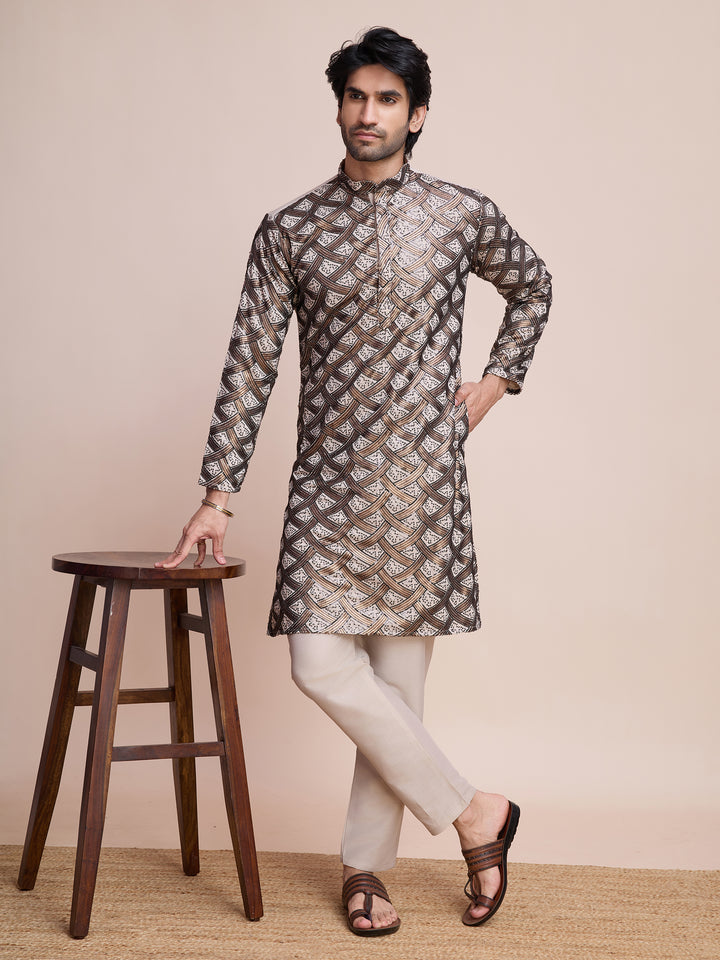 BEIGE SILK THREAD & SEQUENCE EMBROIDERED WORK KURTA - qivii