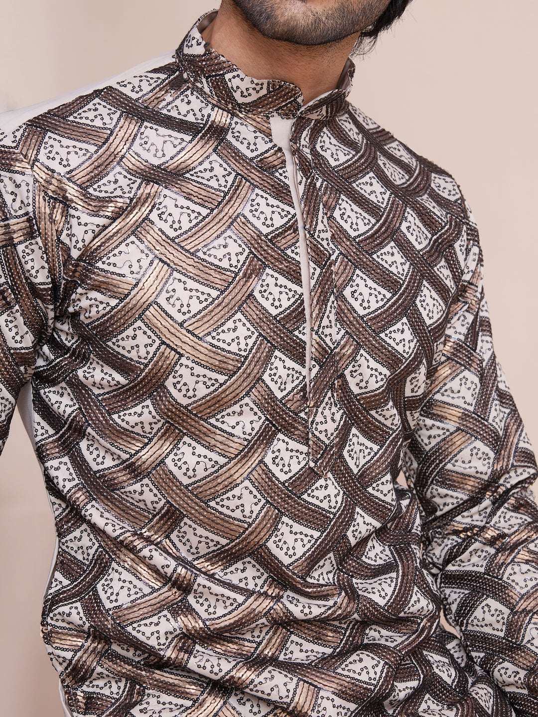 BEIGE SILK THREAD & SEQUENCE EMBROIDERED WORK KURTA - qivii