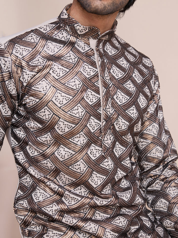 BEIGE SILK THREAD & SEQUENCE EMBROIDERED WORK KURTA - qivii