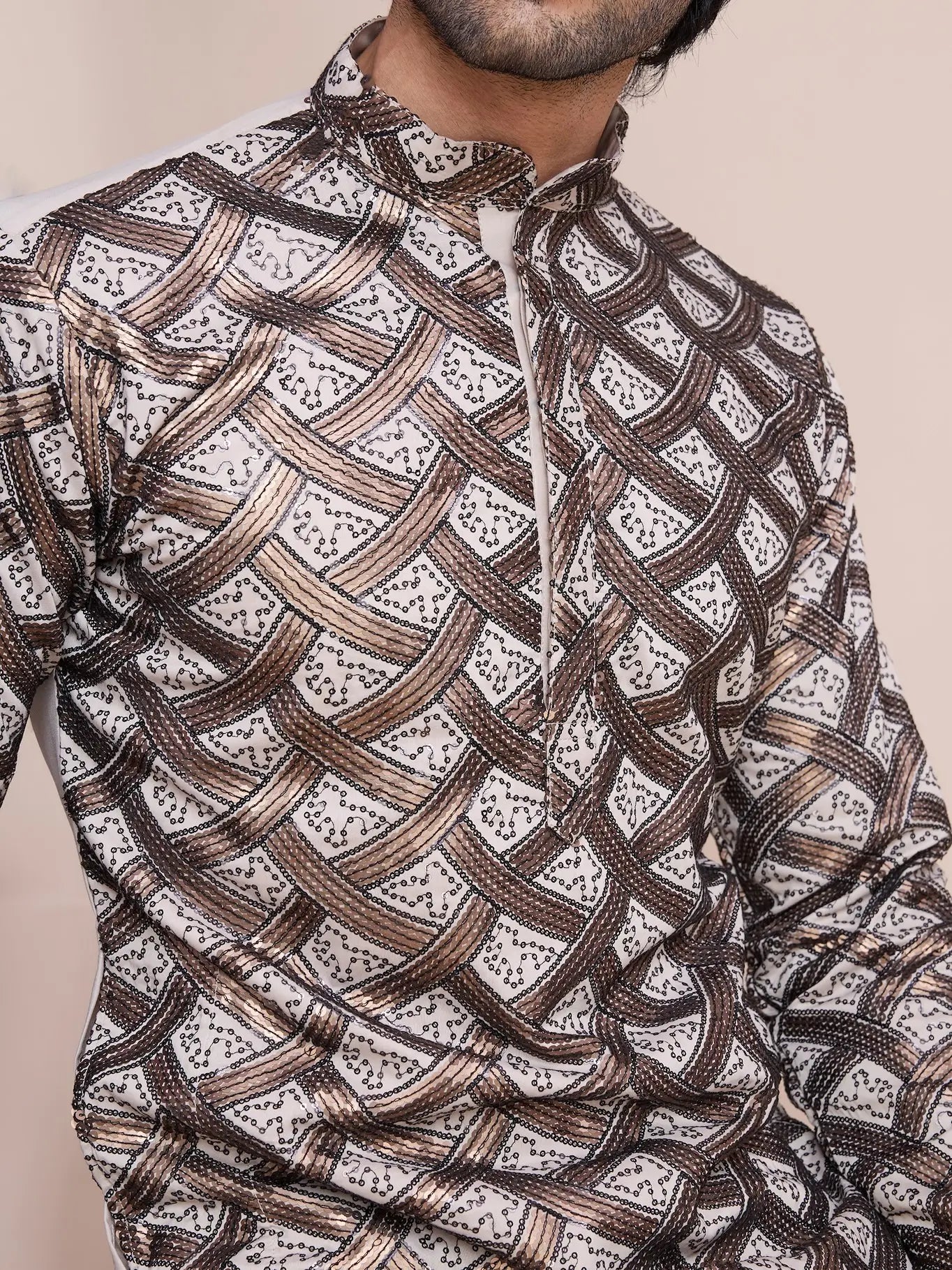 Beige Silk Kurta With Thread & Sequins Embroidered Work