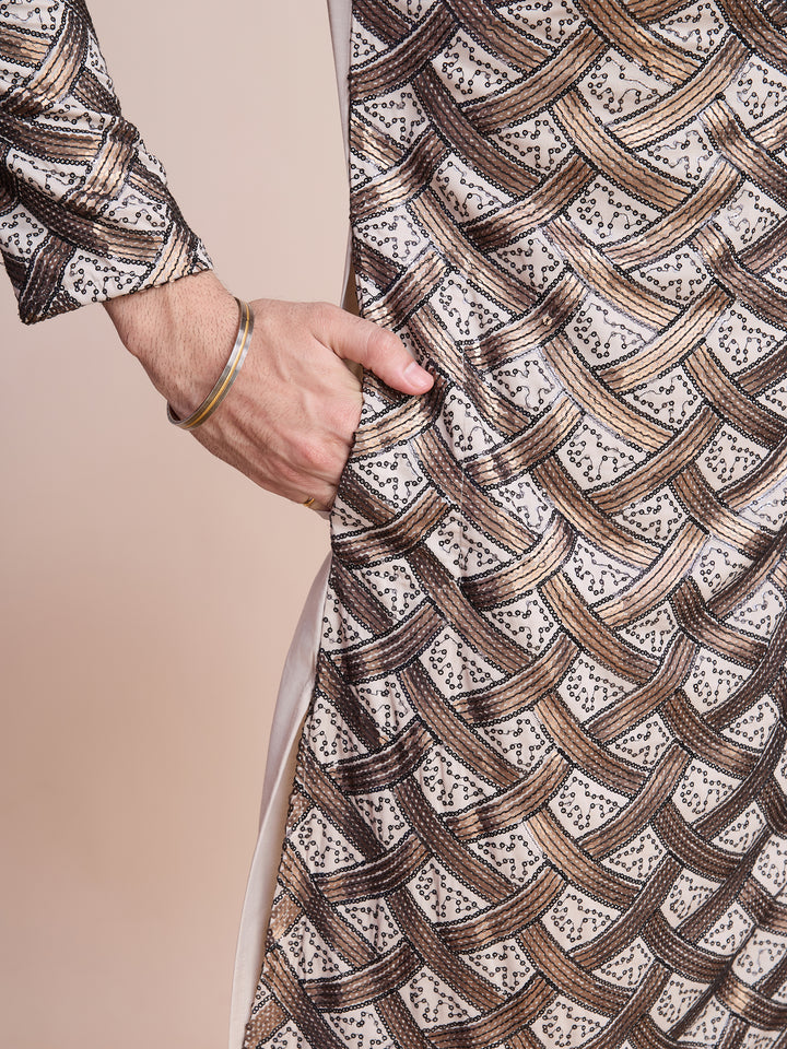 BEIGE SILK THREAD & SEQUENCE EMBROIDERED WORK KURTA - qivii