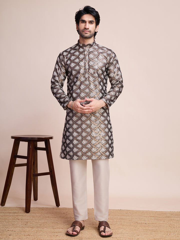 BEIGE SILK THREAD & SEQUENCE EMBROIDERED WORK KURTA - qivii