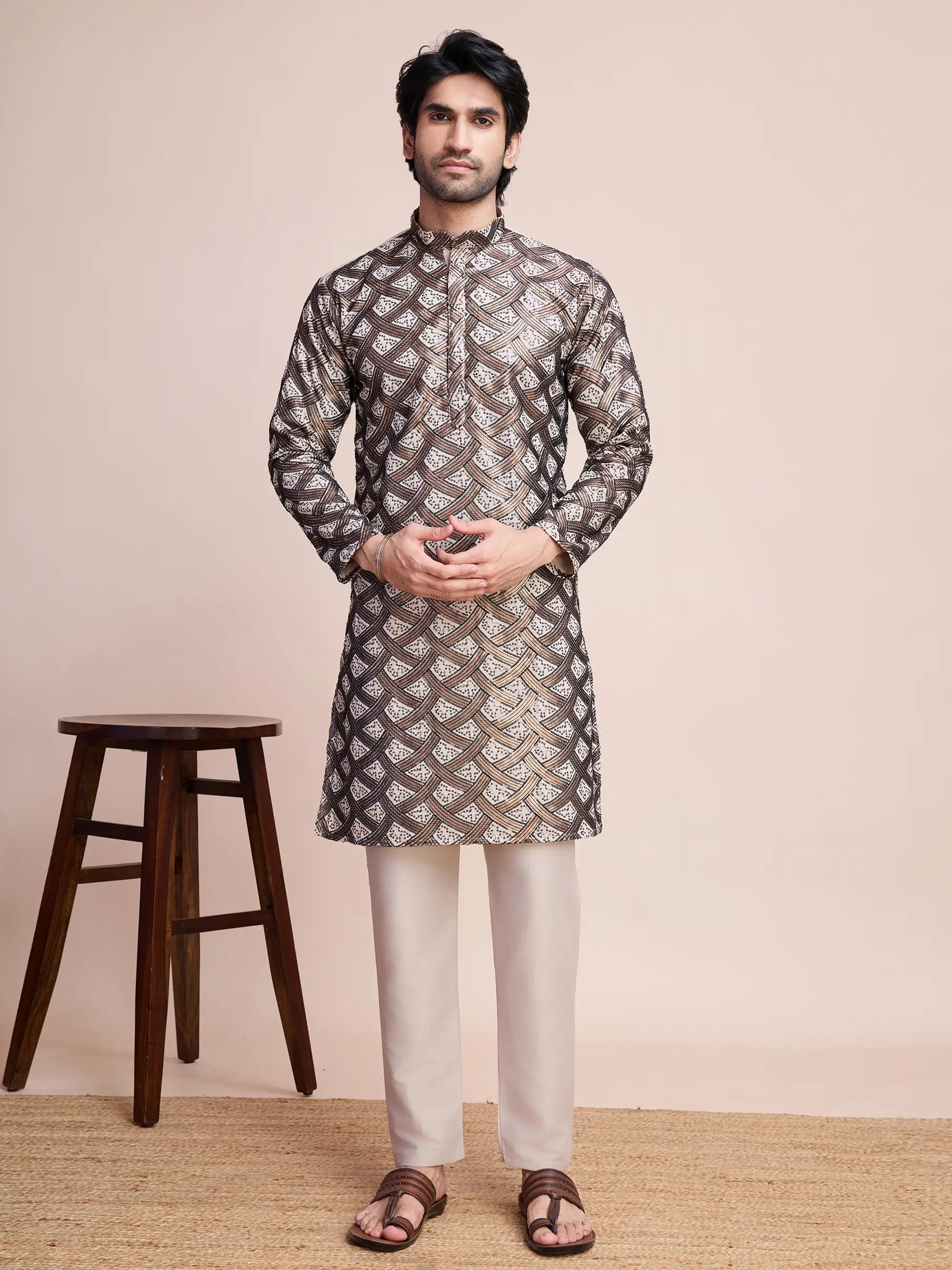 Beige Silk Kurta With Thread & Sequins Embroidered Work