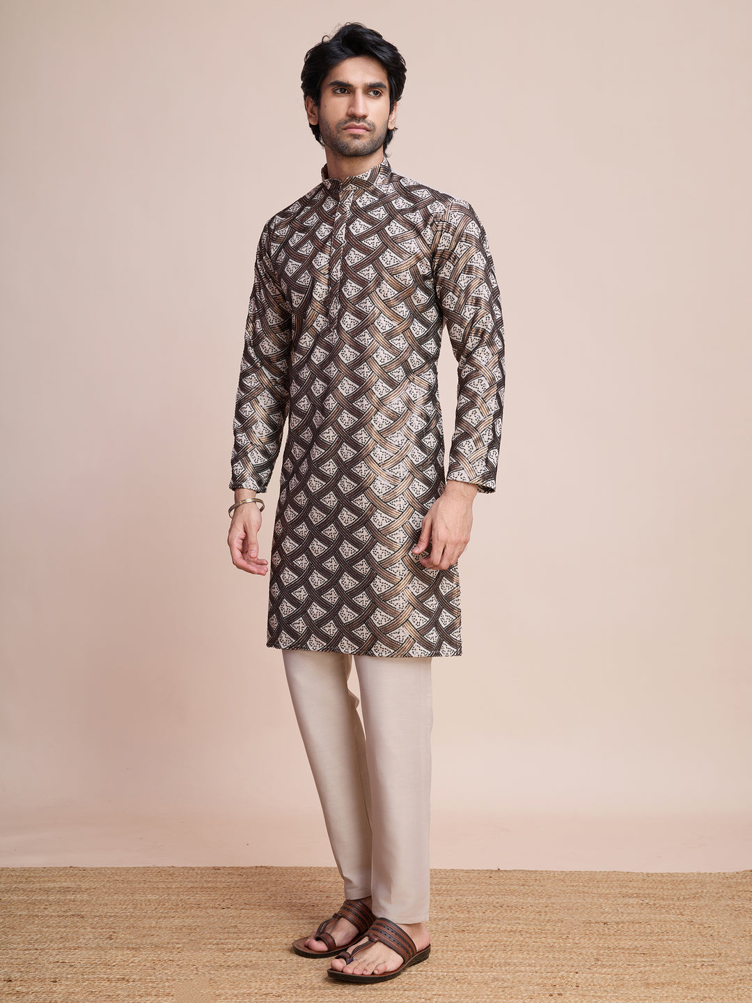 BEIGE SILK THREAD & SEQUENCE EMBROIDERED WORK KURTA - qivii