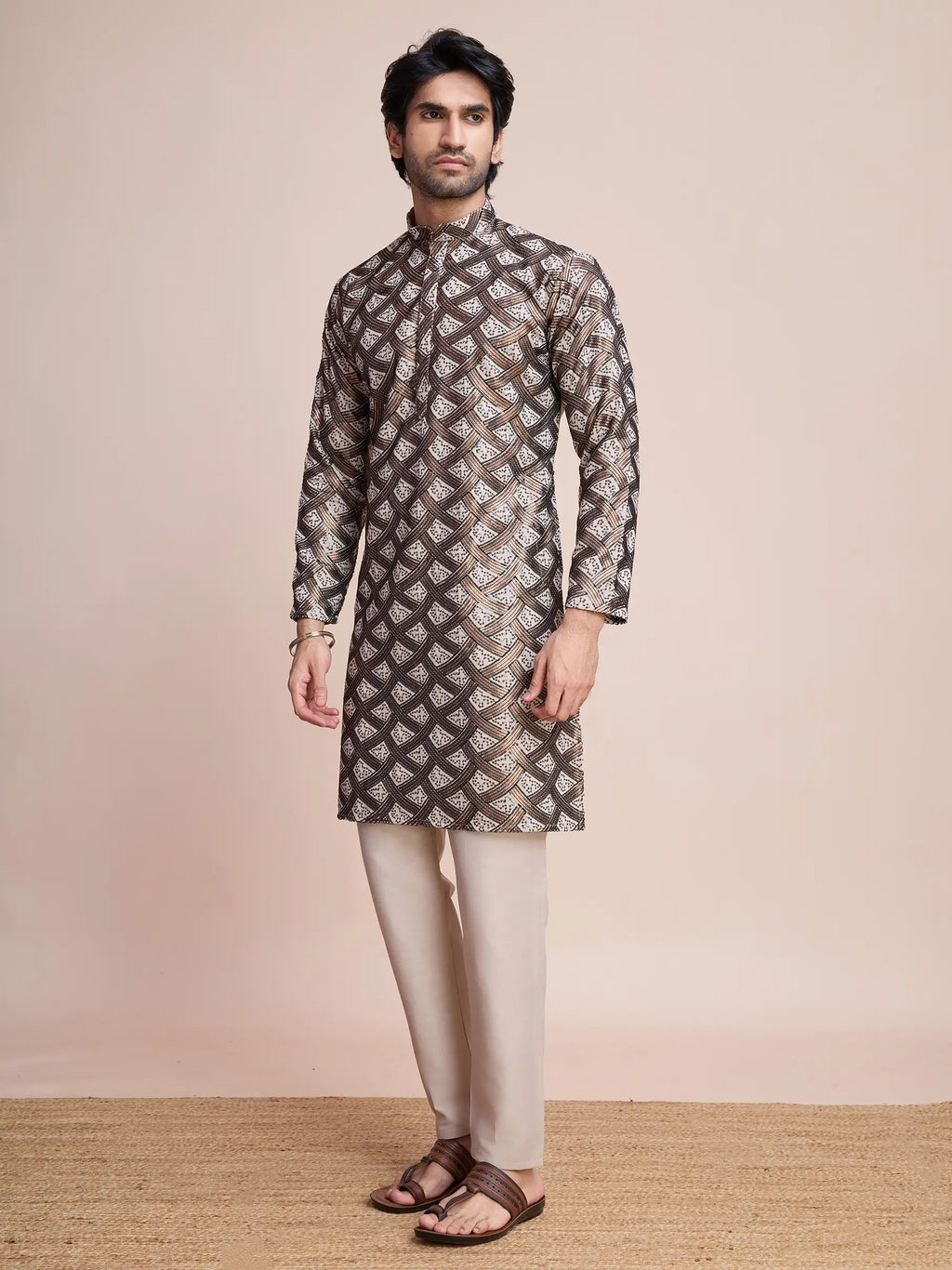 Beige Silk Kurta With Thread & Sequins Embroidered Work