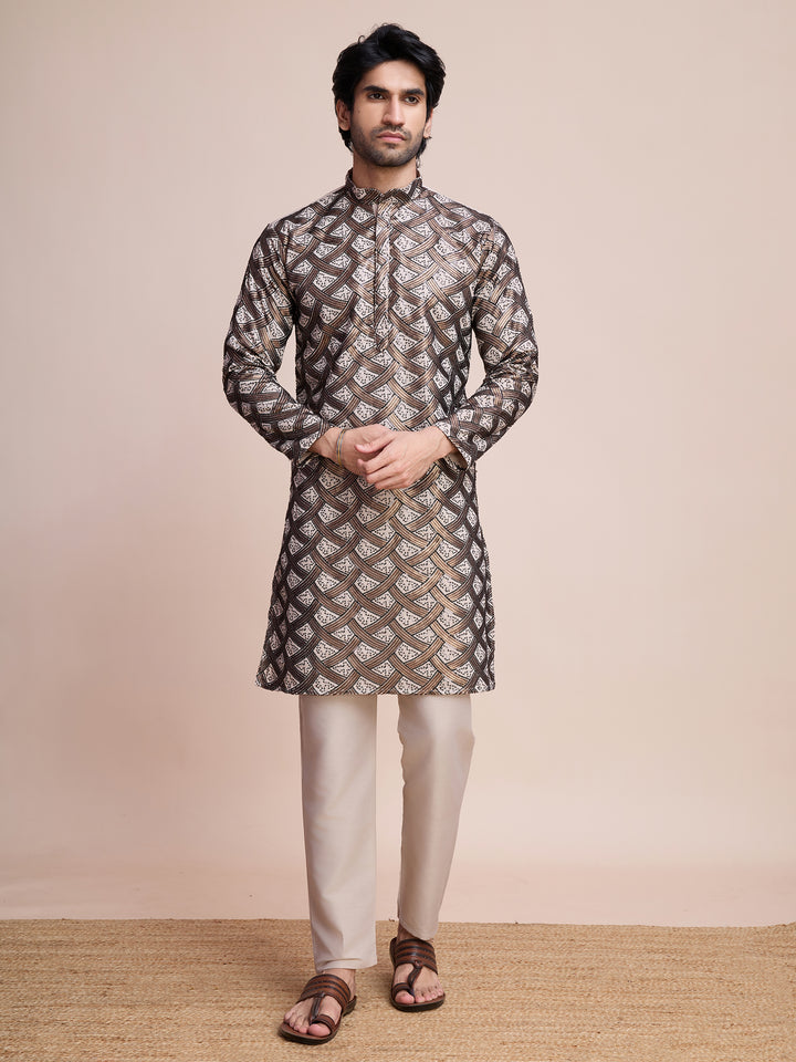 BEIGE SILK THREAD & SEQUENCE EMBROIDERED WORK KURTA - qivii