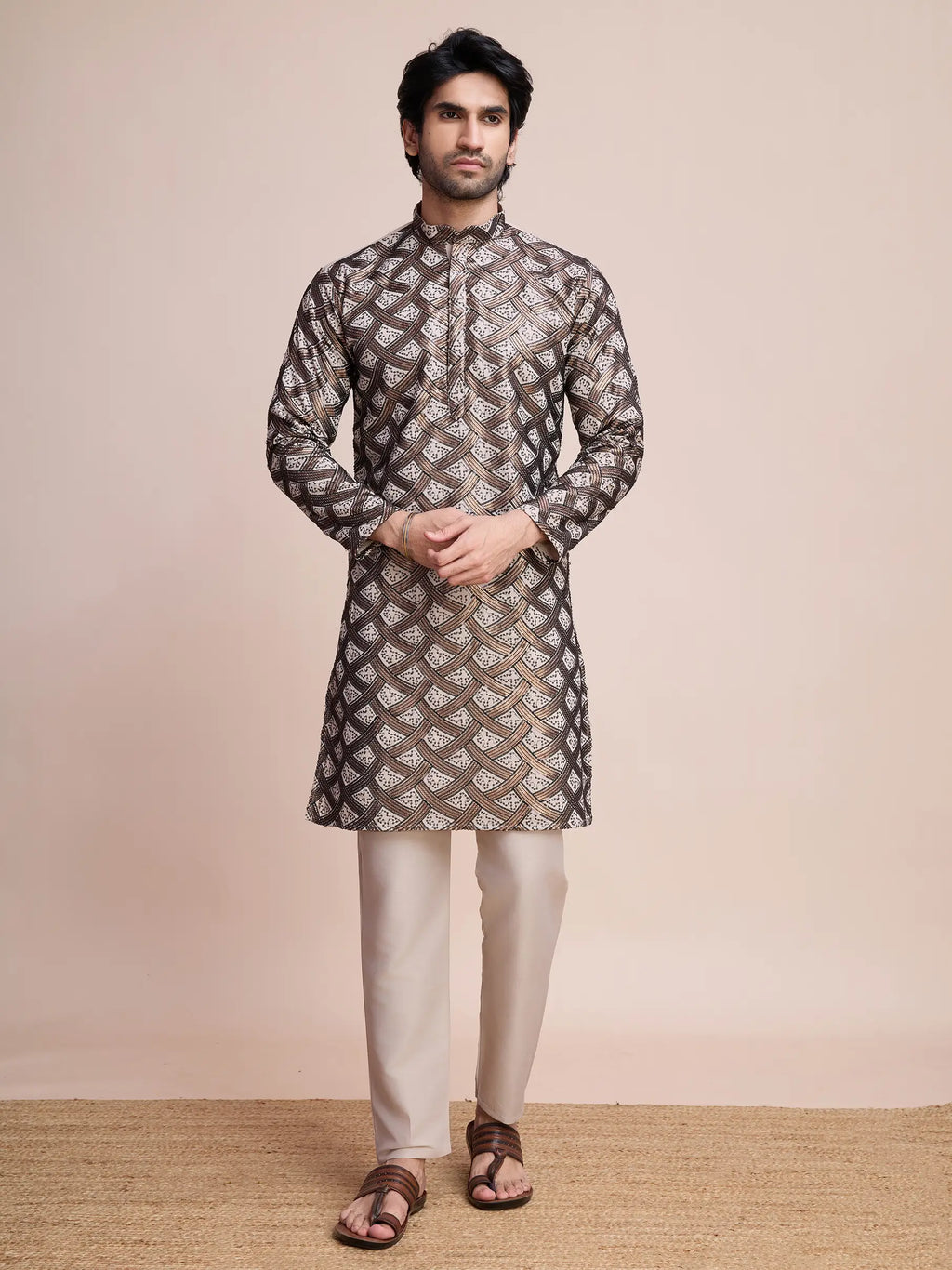 Beige Silk Kurta With Thread & Sequins Embroidered Work