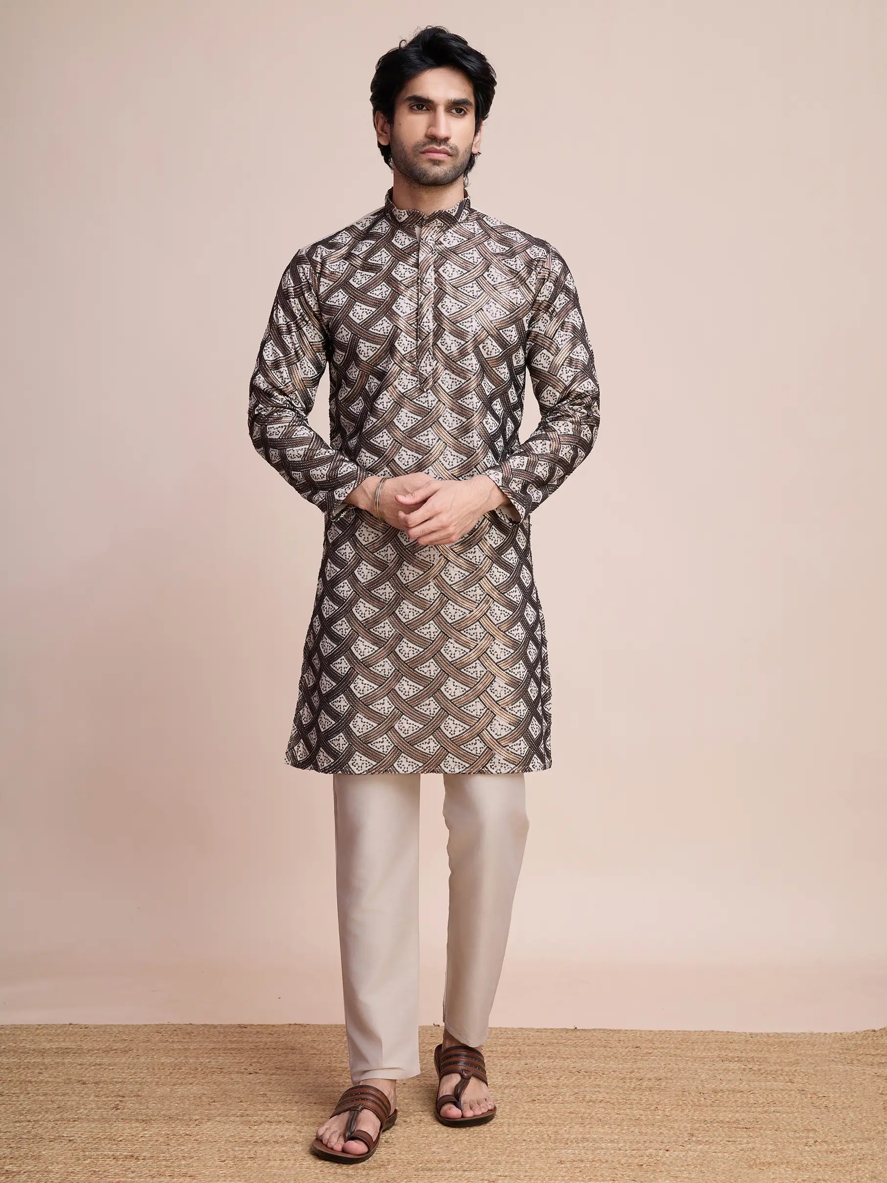 Beige Silk Kurta With Thread & Sequins Embroidered Work