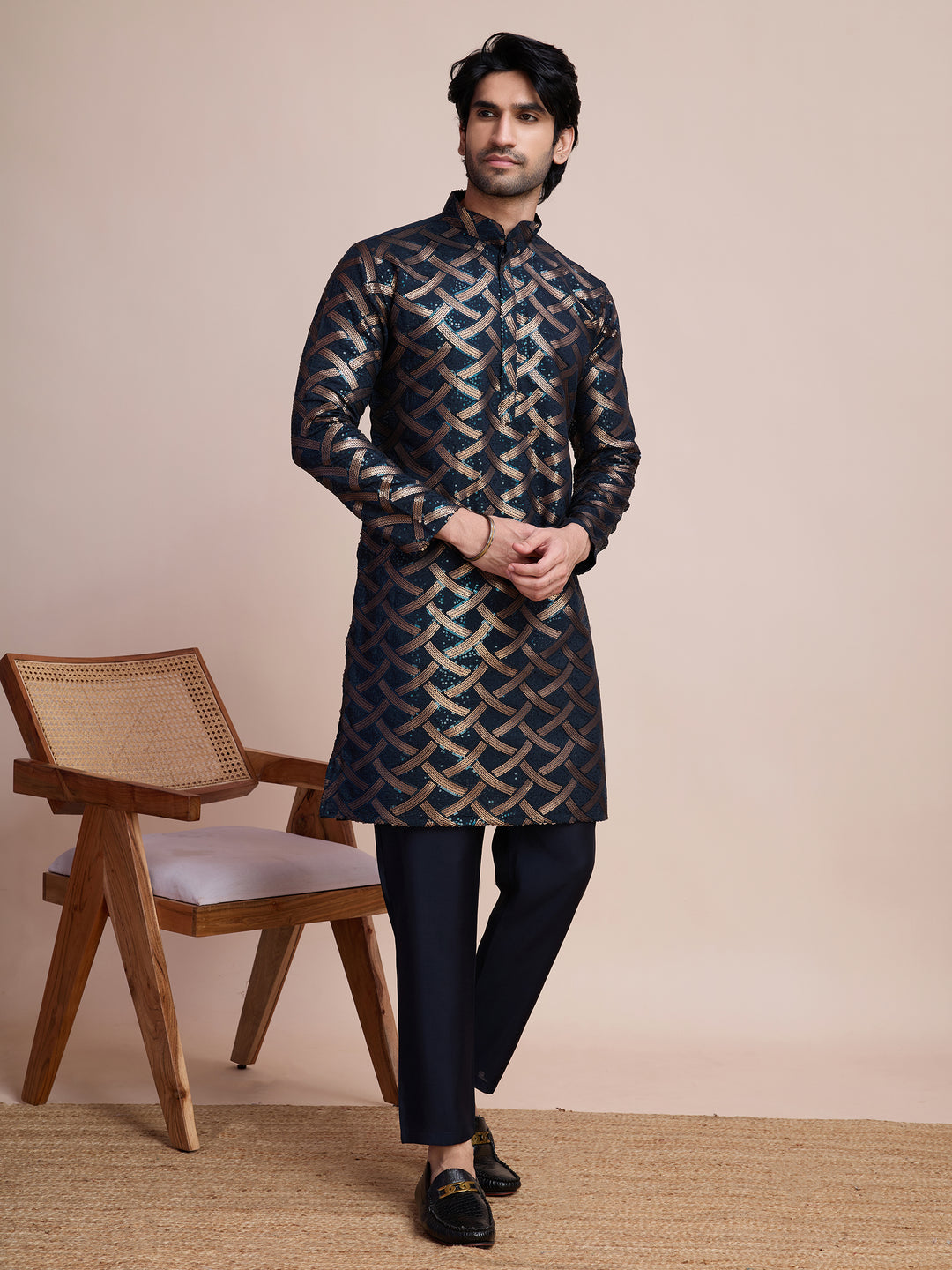 NAVY BLUE SILK THREAD & SEQUENCE EMBROIDERED WORK KURTA - qivii