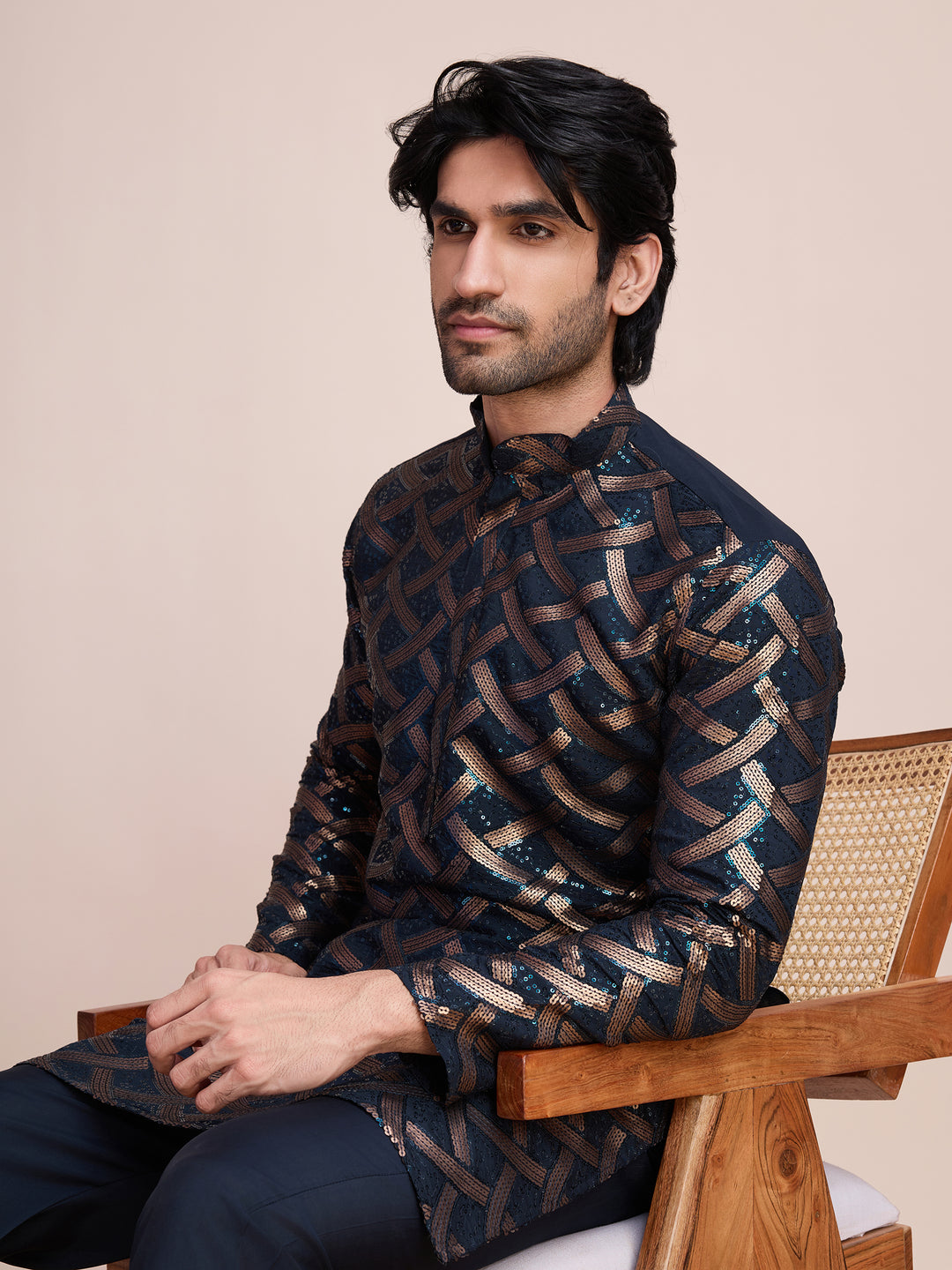 NAVY BLUE SILK THREAD & SEQUENCE EMBROIDERED WORK KURTA - qivii