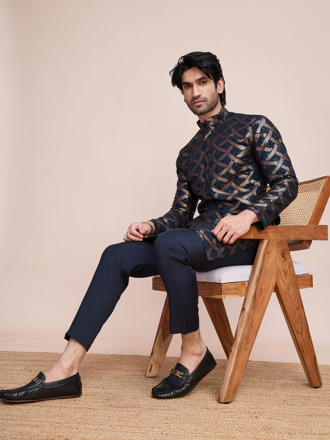 NAVY BLUE SILK THREAD & SEQUENCE EMBROIDERED WORK KURTA - qivii