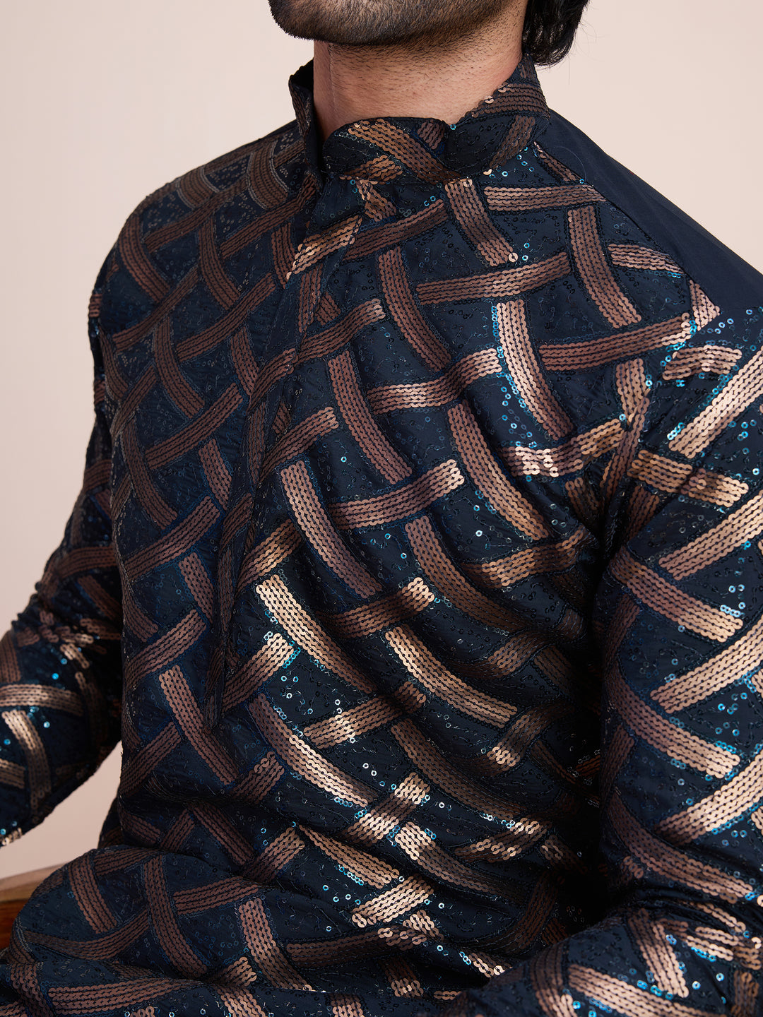 NAVY BLUE SILK THREAD & SEQUENCE EMBROIDERED WORK KURTA - qivii