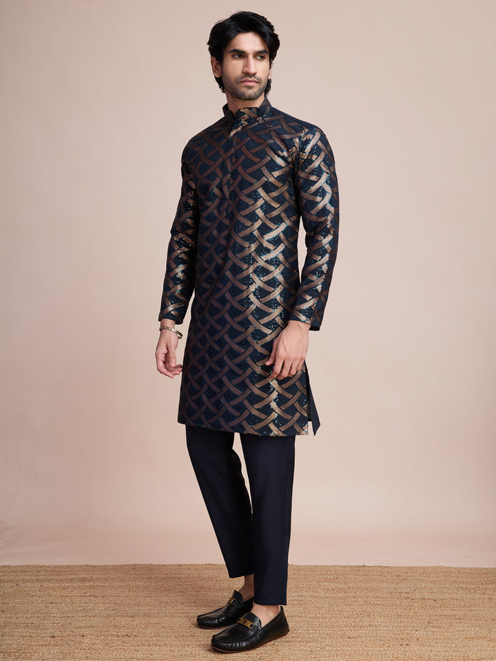 NAVY BLUE SILK THREAD & SEQUENCE EMBROIDERED WORK KURTA - qivii