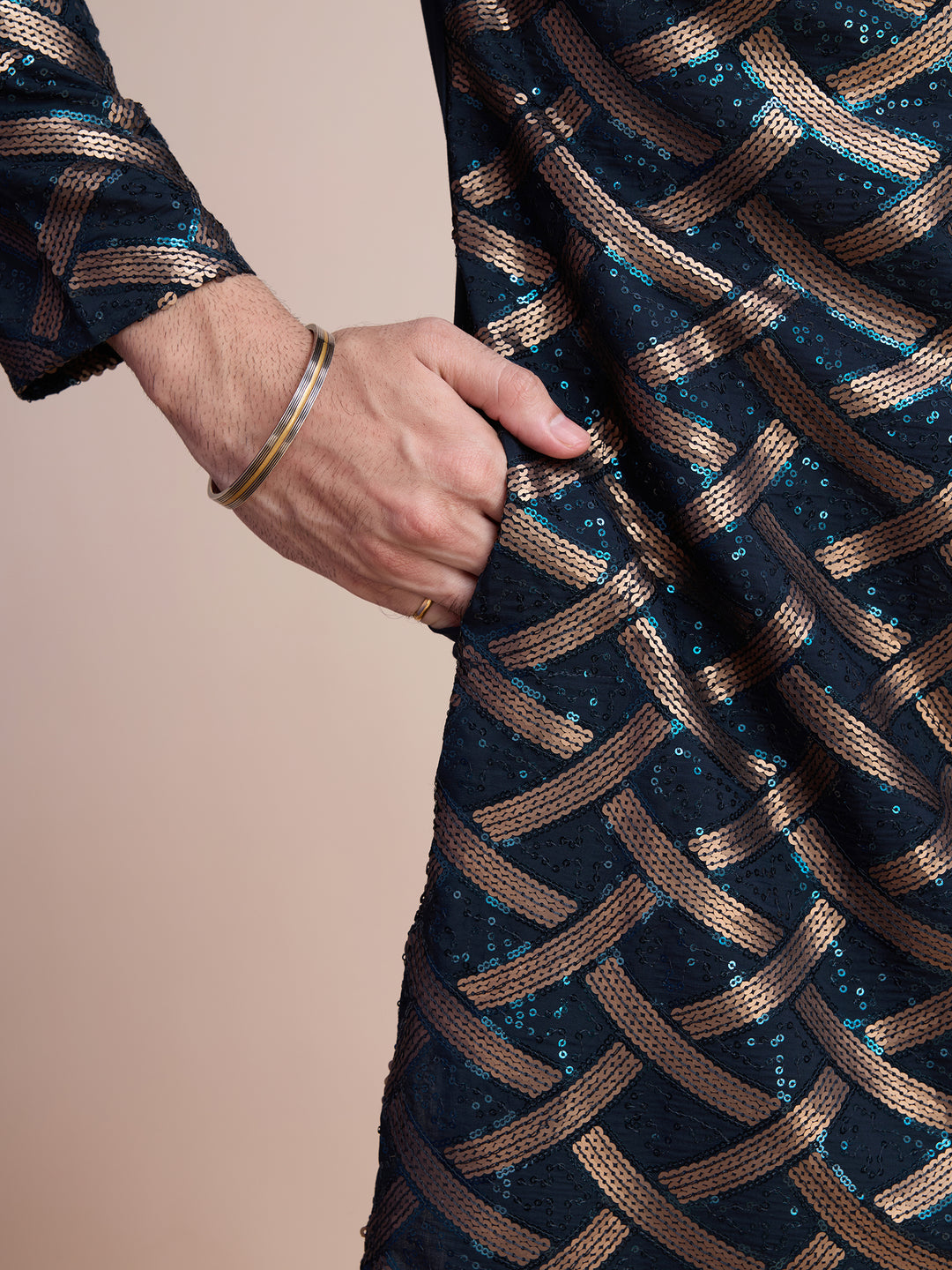 NAVY BLUE SILK THREAD & SEQUENCE EMBROIDERED WORK KURTA - qivii