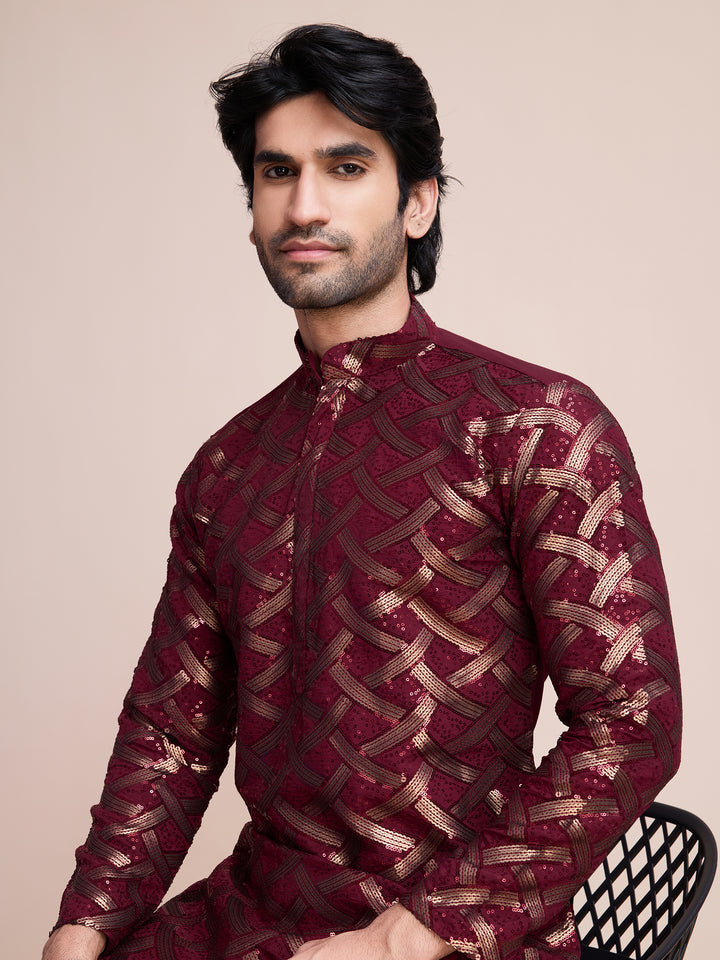 MAROON SILK THREAD & SEQUENCE EMBROIDERED WORK KURTA - qivii