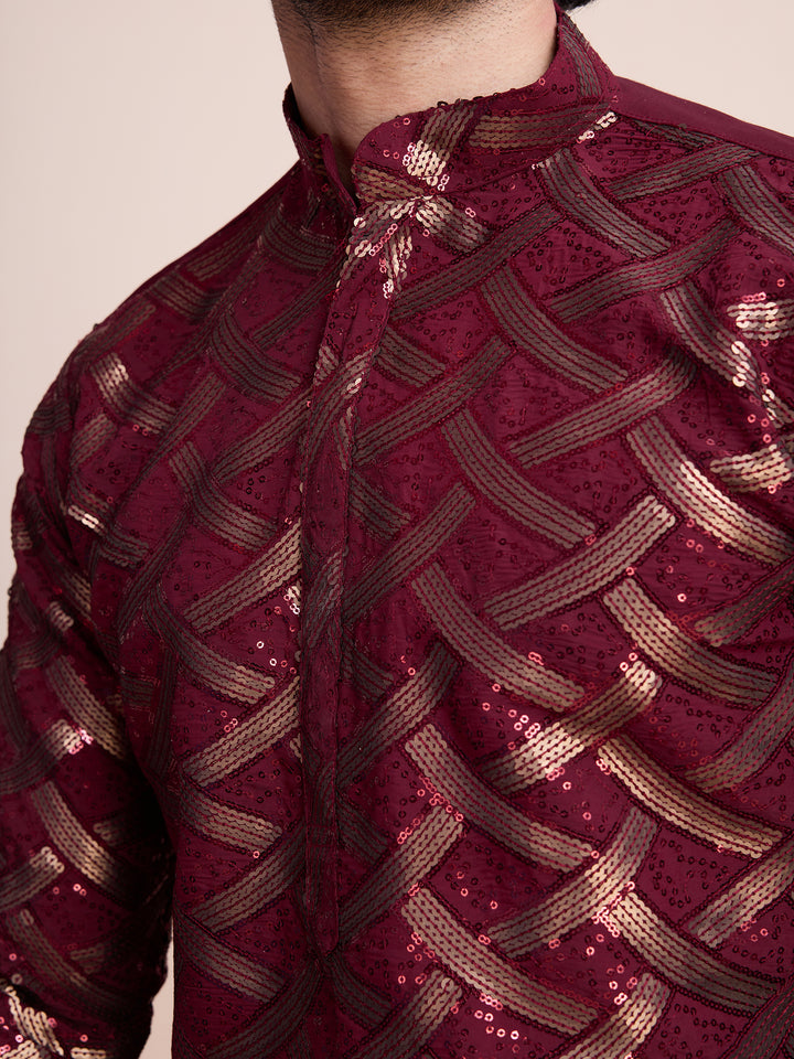 MAROON SILK THREAD & SEQUENCE EMBROIDERED WORK KURTA - qivii