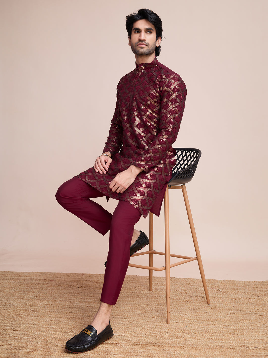 MAROON SILK THREAD & SEQUENCE EMBROIDERED WORK KURTA - qivii