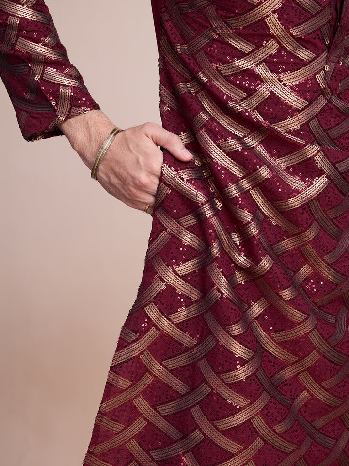 MAROON SILK THREAD & SEQUENCE EMBROIDERED WORK KURTA - qivii