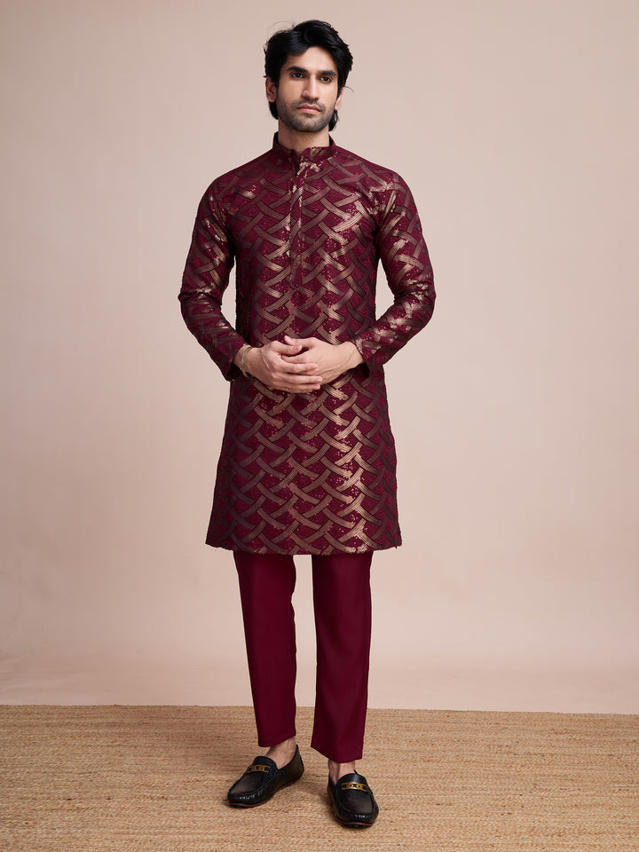 MAROON SILK THREAD & SEQUENCE EMBROIDERED WORK KURTA - qivii
