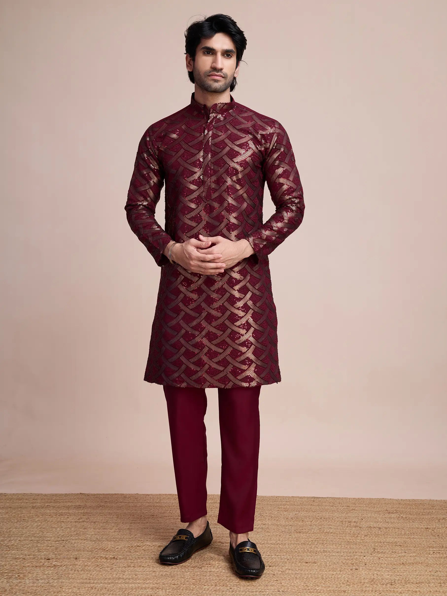 Maroon Silk Kurta With Thread & Sequins Embroidered Work
