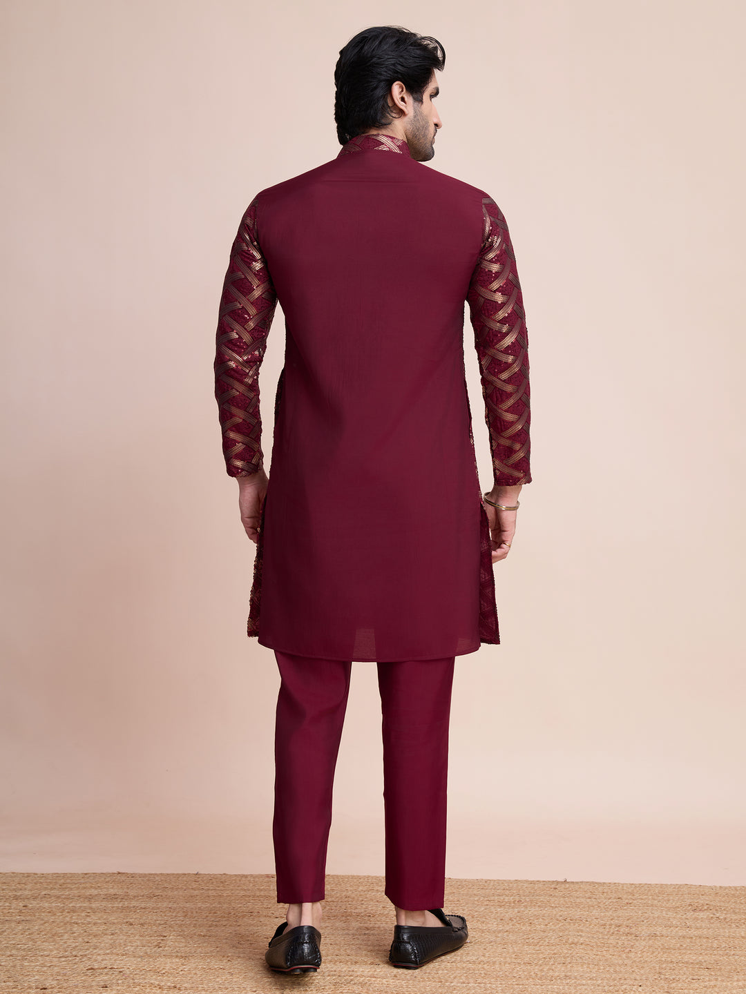 MAROON SILK THREAD & SEQUENCE EMBROIDERED WORK KURTA - qivii