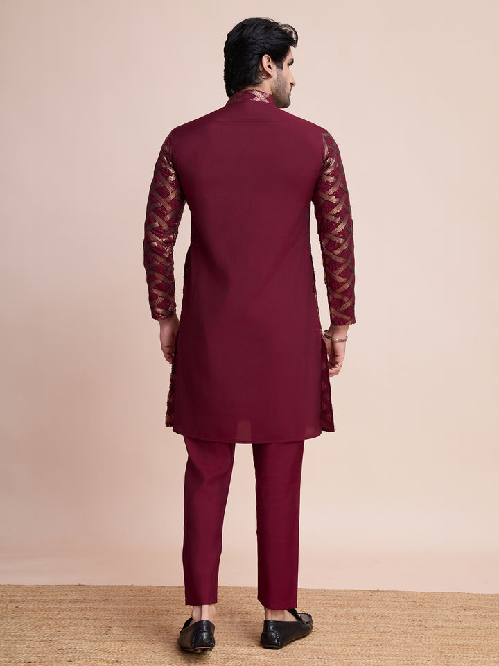 MAROON SILK THREAD & SEQUENCE EMBROIDERED WORK KURTA - qivii