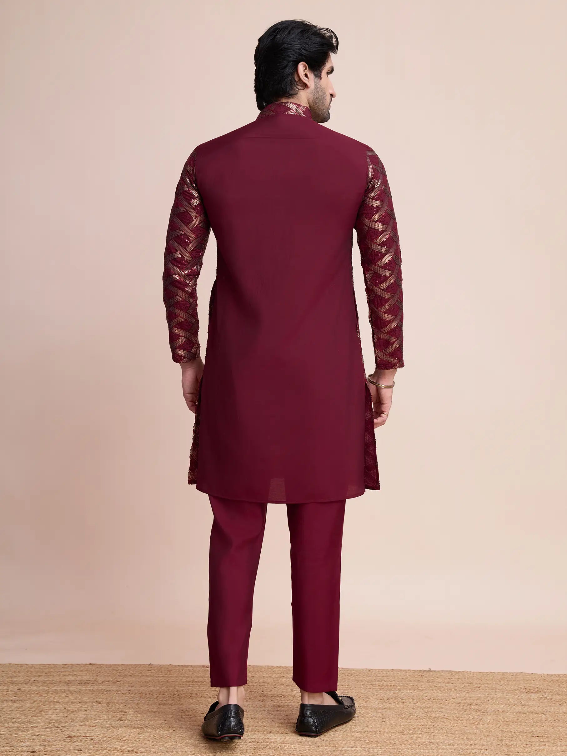 Maroon Silk Kurta With Thread & Sequins Embroidered Work