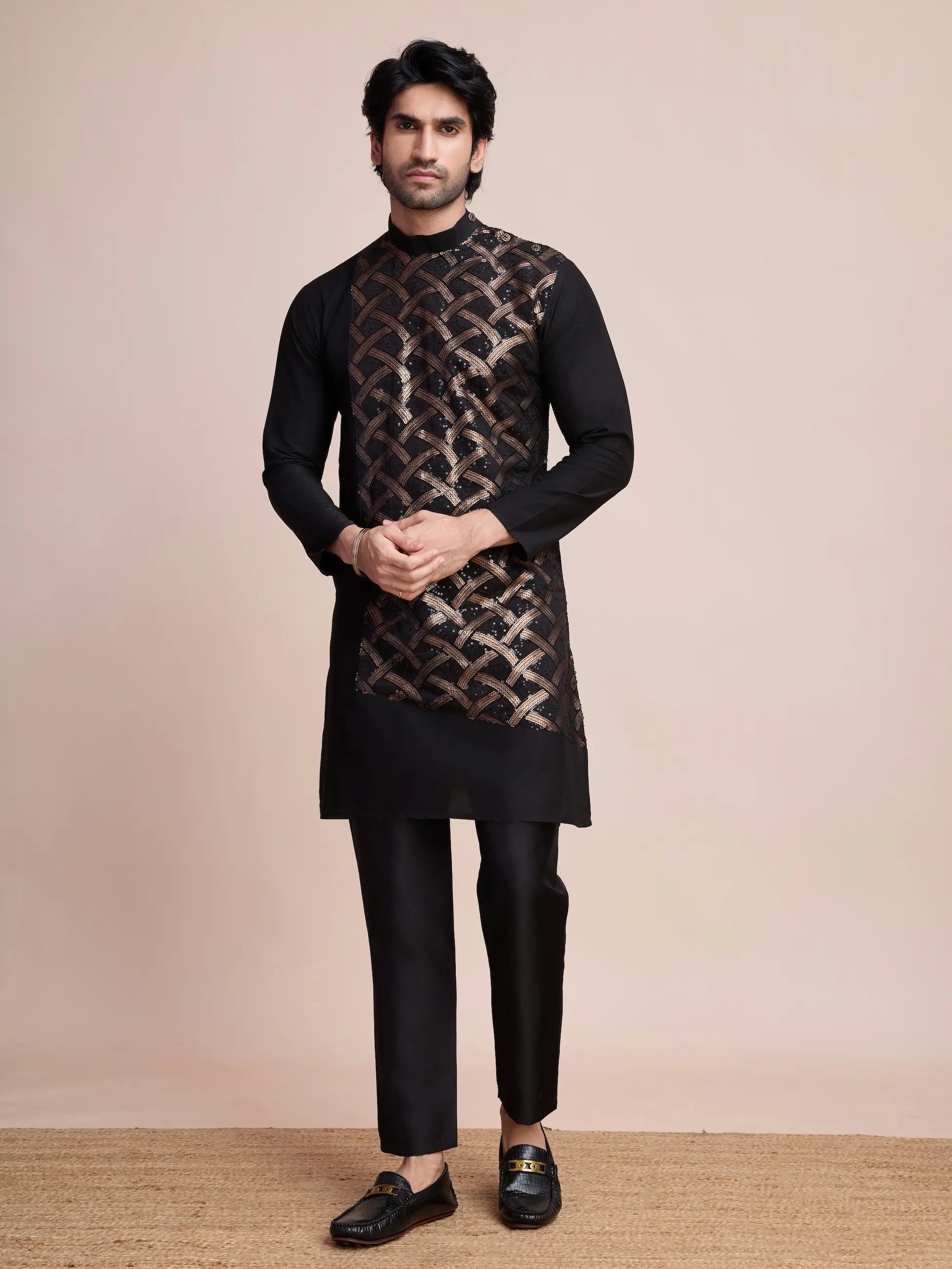 Black Silk Thread & Sequins Embroidered Work Kurta