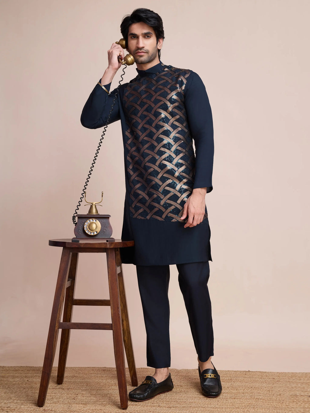 Navy Blue Silk Thread & Sequins Embroidered Work Kurta