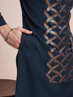 Navy Blue Silk Thread & Sequins Embroidered Work Kurta