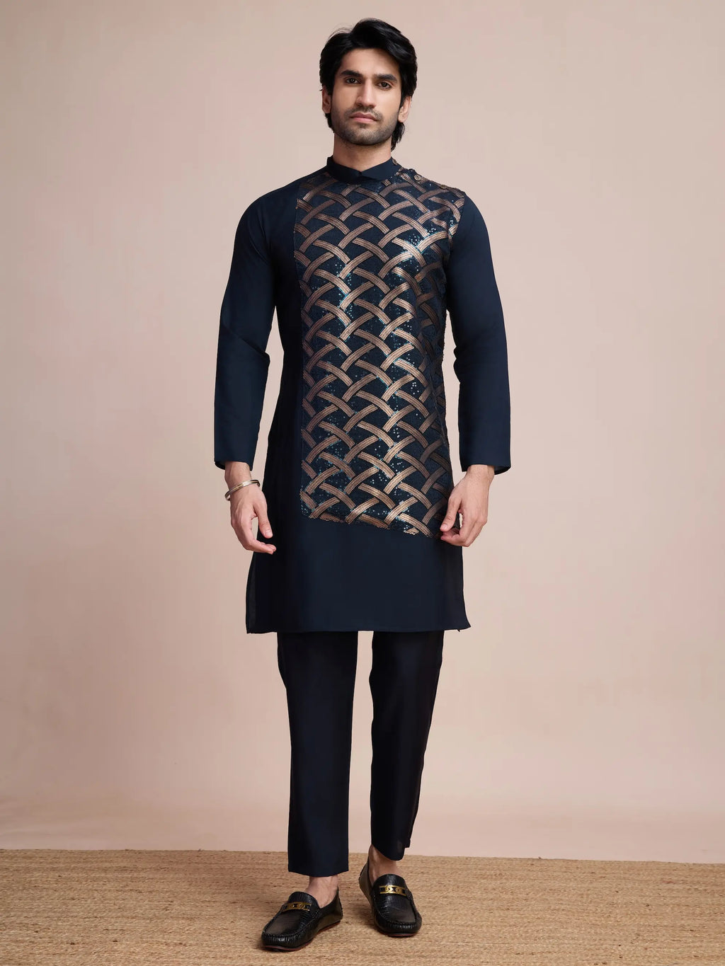 Navy Blue Silk Thread & Sequins Embroidered Work Kurta