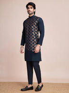 Navy Blue Silk Thread & Sequins Embroidered Work Kurta